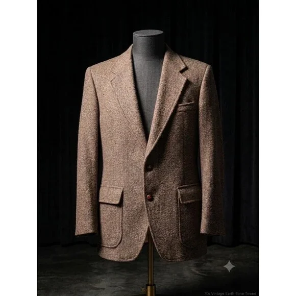 Vintage 1970s Tweed Wool Sport Coat with Leather Knot Buttons Mens 42R