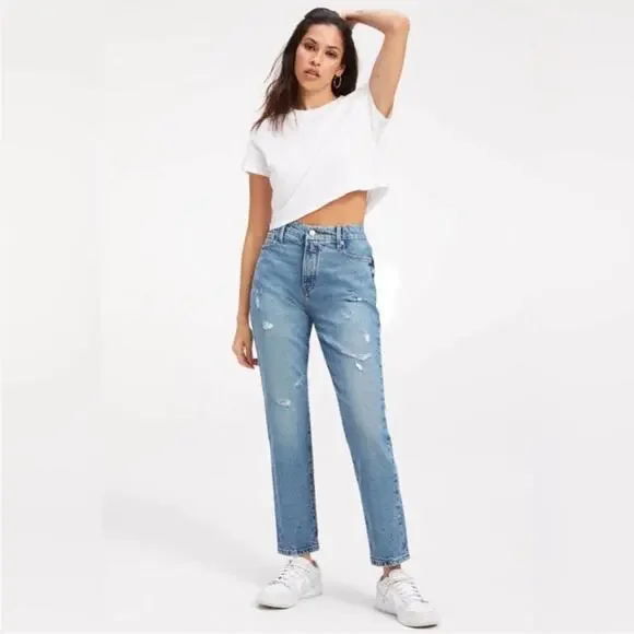 NWT Good American‎ Good Classic High Rise Distressed Jeans Medium Wash Sz 6/28