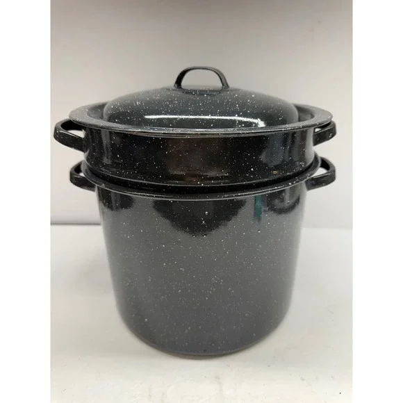 Vintage Granite Ware Steamer Pot Set Black Speckled Enamel Stockpot with Lid