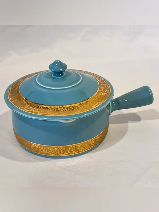 Vintage French Porcelain Covered Saucepan Blue Gold Made France