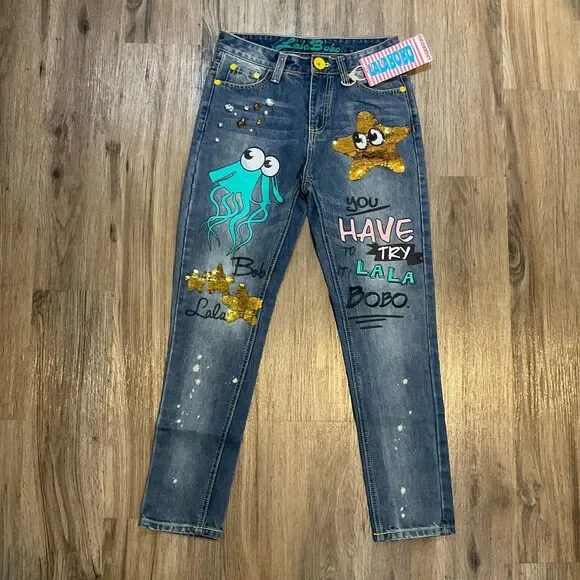 New Lala Bobo Jeans Vintage Blue Denim Graphic Print Sequin Size‎ 29 NWT