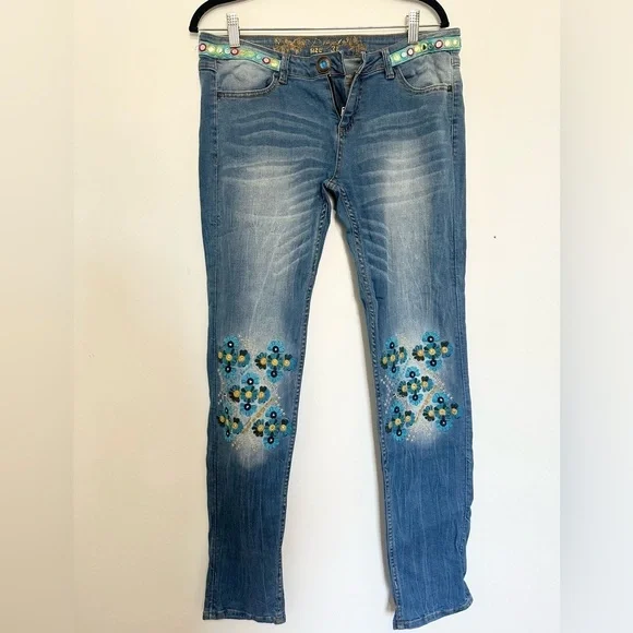 Desigual women's Ethnic stretch jeans floral Y2K 2000 embroidery boho hippie