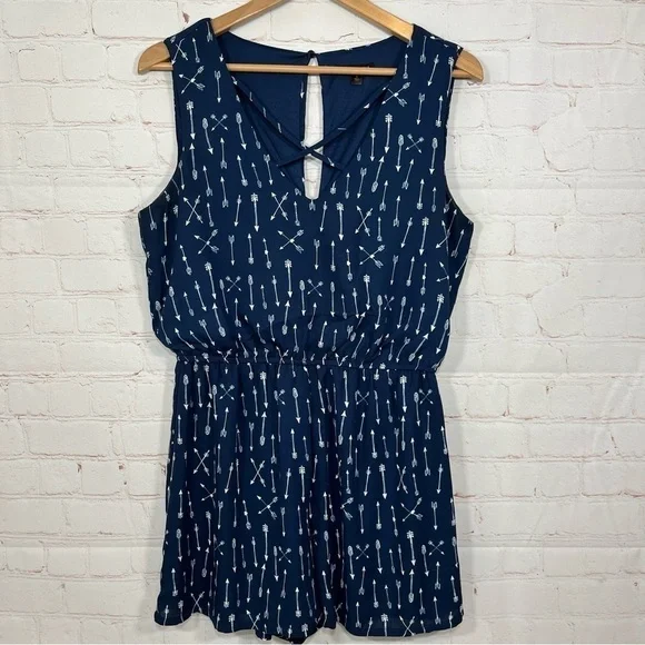As u Wish Romper Womens Large Blue Tank Top Arrows Hearts V Neck Lined