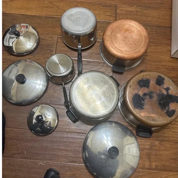 VTG 80s 9pieces Revere Ware Farberware Cookware‎ Copper Bottom Stainless Steel