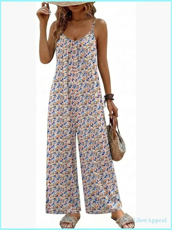 Wide Leg Jumpsuit Women Casual Overalls Sleeveless Vacation Romper with Pockets