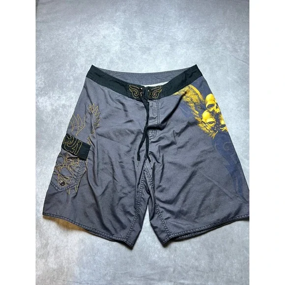 Crazy Shirt Board Shorts Mens 34 Gray Yellow Skull Wing Graphic Surf Trunks