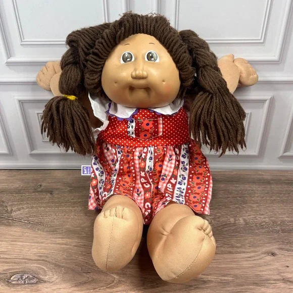 Vintage 1984 Cabbage Patch Kids Doll Brown Yarn Hair Red Floral Dress Coleco