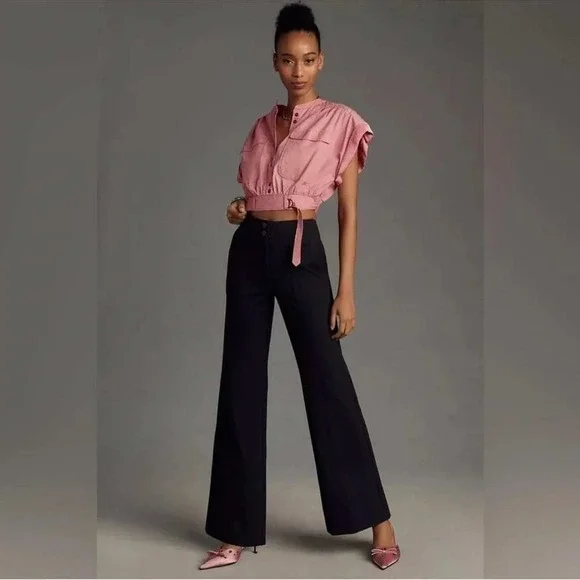 Maeve Anthropologie The Naomi Wide Leg Flare Pants Black Linen Blend 12P Petite