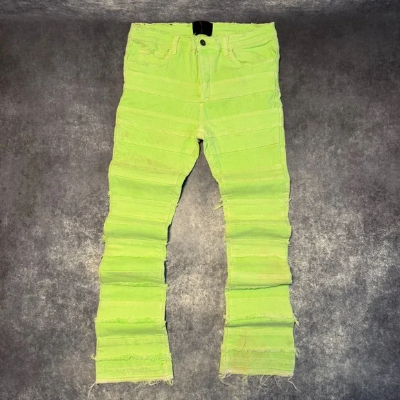 Valabasas 4444 Stacked Jeans Mens 36 Neon Lime Green Tiered Raw Edge Fringe Flaw