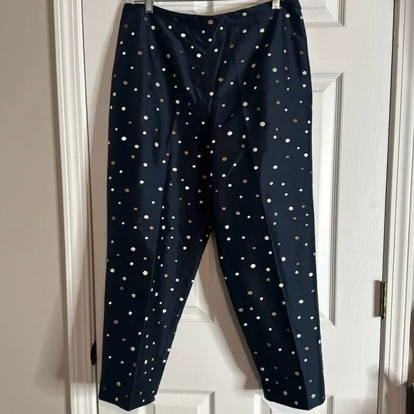 Talbots Pants Womens Cropped Straight Legs 100% Silk Embroidered Polka Dot Sz 12