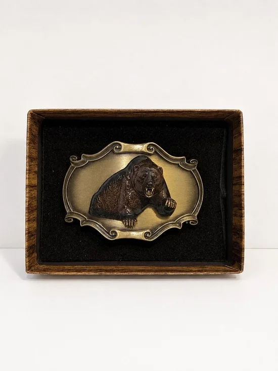 Vintage 1978 Raintree Grizzly Bear Belt Buckle 3D Brass Wildlife Western w/ Box