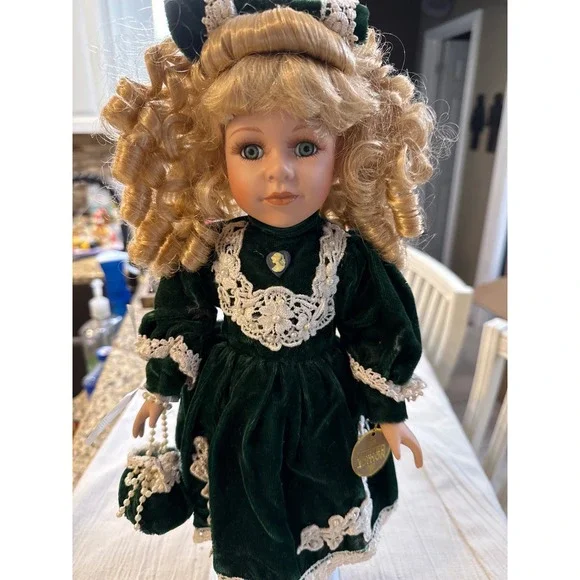 Limited Edition Porcelain Doll Emerald Green Velvet Lace Dress Cameo Blonde Hair