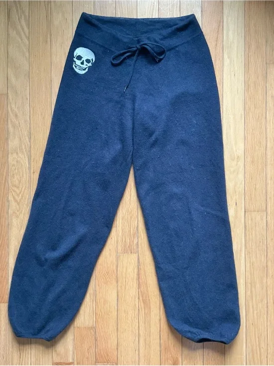 Skull 100% Cashmere Sweat Pants Small Navy Blue Punk Emo Grunge Drawstring Waist