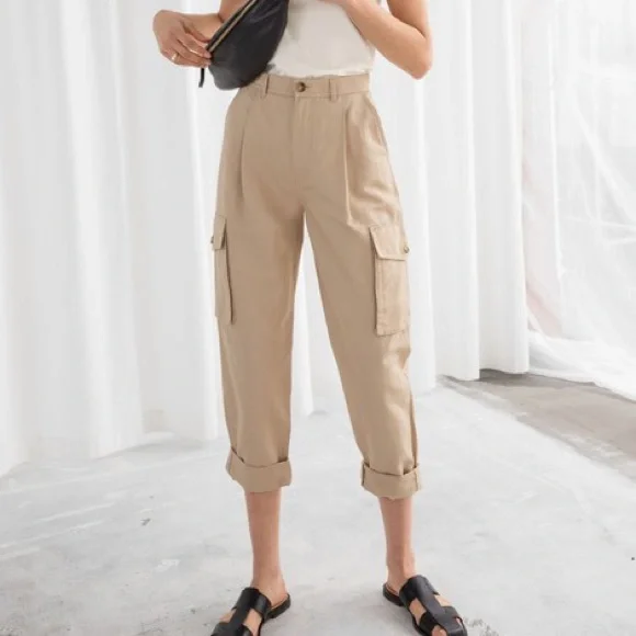 Vince pleated‎ front tapered leg linen blend pants cargo pockets high rise tan