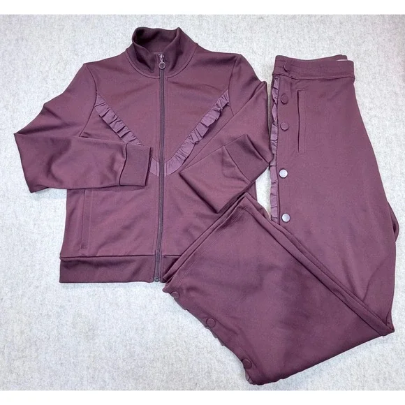 Tory Sport Tracksuit Set Women Medium Burgundy Ruffle Zip Jacket Snap Pants