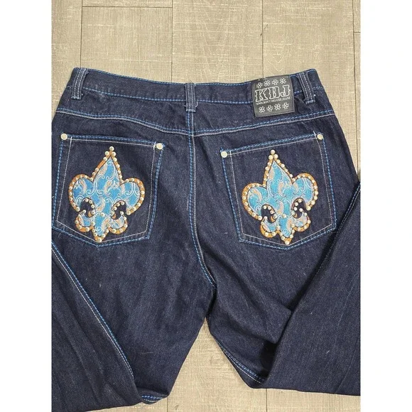 KDJ Knockout Deluxe Jeans Mens 40x34 Dark Wash Studded Embroidered Fleur De Lis