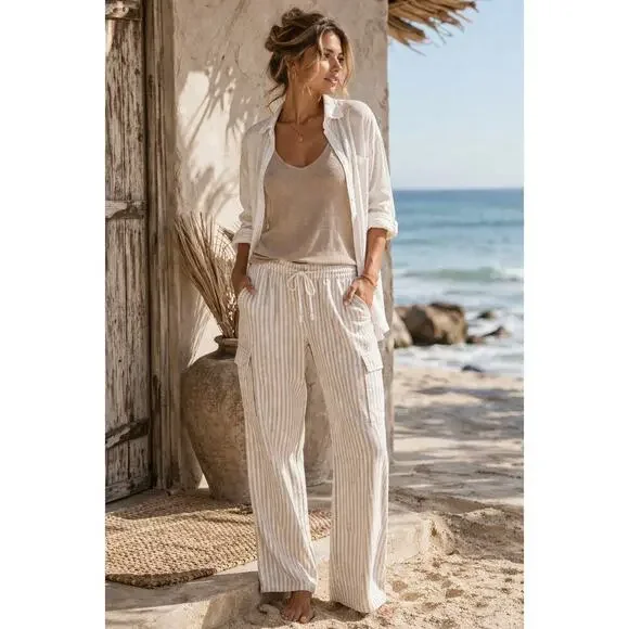 Sanctuary x Anthropologie Linen Blend Cargo Pants Striped Coastal Boho XS New