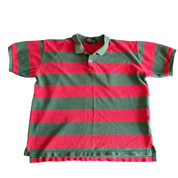 Vintage 90s Polo Ralph Lauren Red Green Striped Pique Polo Shirt Asian Market ML