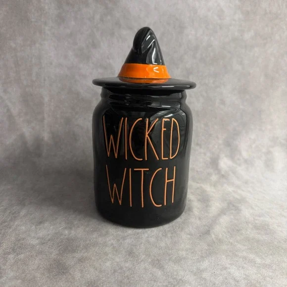 Rae Dunn Wicked Witch Canister Black Orange Halloween Hat Lid Ceramic Candy Jar