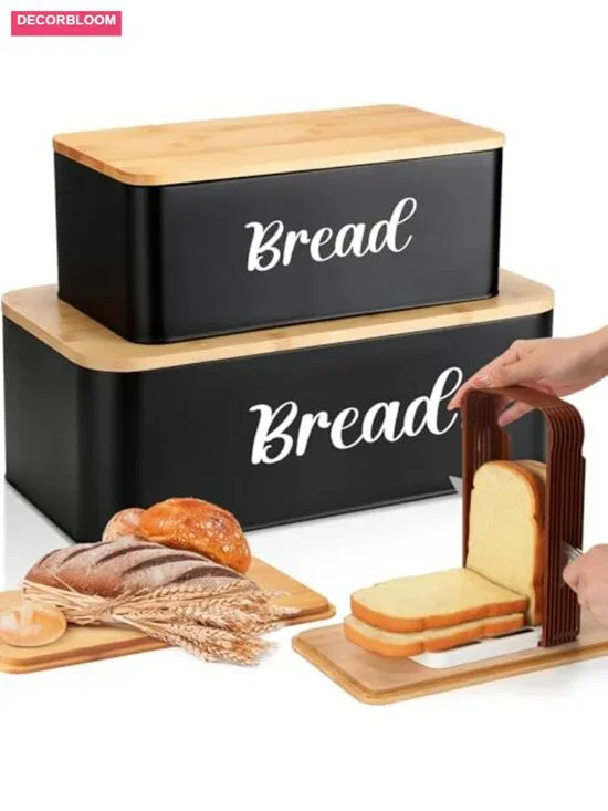 Extra Large Metal Bread Box Set with Bamboo Lid and Slicer