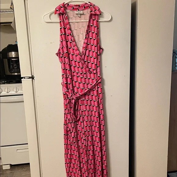 Diane Von Furstenberg Small Pink Geometric Pants Jumpsuit Pockets‎ Belt