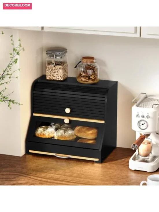 Roll Top Bamboo Bread Box with Removable Cutting Board, 2 Tier, Large Capacity