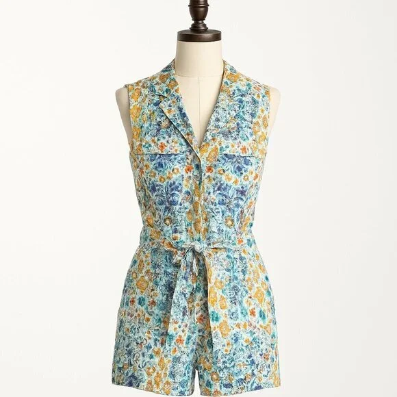 Ranna Gill at Anthropologie Sleeveless Collared Linen Romper Size Large NEW