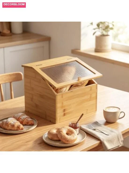 Large Bamboo Bread Box with Acrylic Window, Multipurpose Kitchen Storage