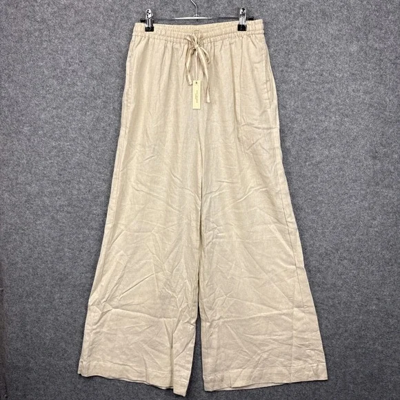 Max‎ Studio London Natural Linen Blend Wide Leg Drawstring Pants 4701L2605 Small