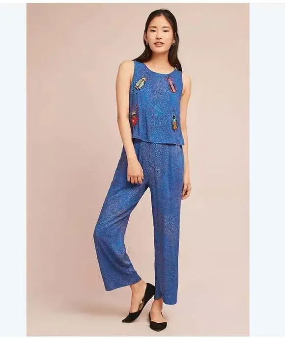 Conditions Apply Jumpsuit Womens XL Blue Beaded Beetle Polka Dot Sleeveless