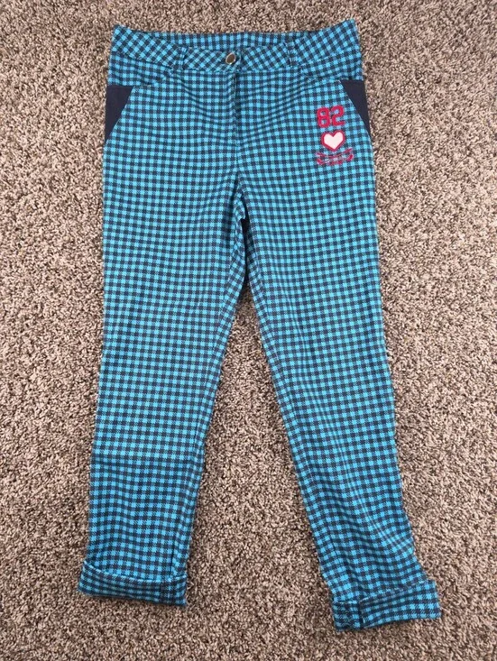 Womens Sz M Skinny Leg Blue Gingham Pants Golf Embroidered Plaid