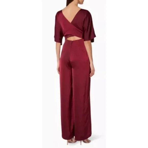 NICHOLAS Jumpsuit Size‎ 2 Burgundy Satin Wrap V-Neck Tie Front Open Back