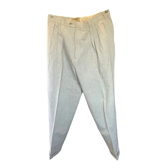 Vintage Y2K Mens Linen Cotton Blend Pleated Trousers Khaki 36W Wedding‎ Coastal