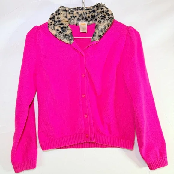 Gymboree Girls Hot Pink Cardigan Sweater Leopard Faux Fur Collar Size‎ 12