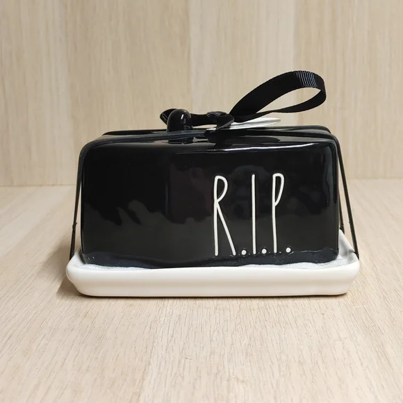 RAE DUNN Coffin Butter Dish R.I.P. Spooky Halloween Black Ceramic Kitchen Decor