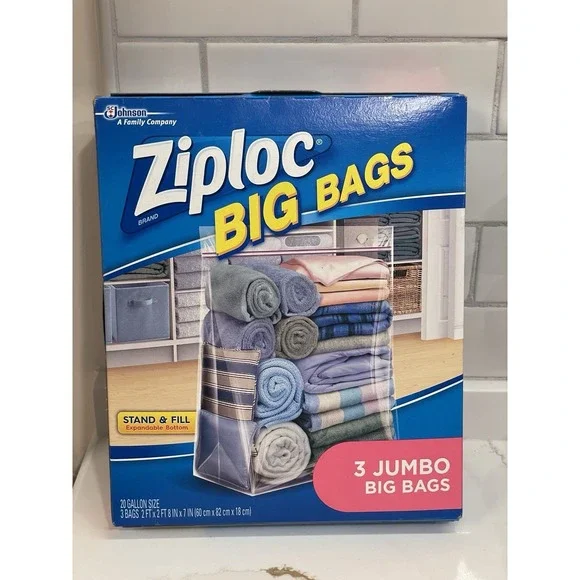 Ziploc Big Bags Jumbo 20 Gallon‎ Size 3 Count Pack Stand & Fill Storage Organize
