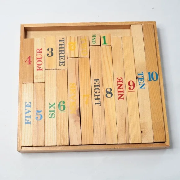 Vintage‎ Wooden Counting Blocks Math Toy Montessori Educational Set 1-10 Tray