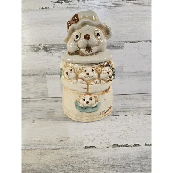 Vintage Ceramic Mother Bear and Cubs‎ Cookie Jar Cream Brown Cottagecore 11.5in