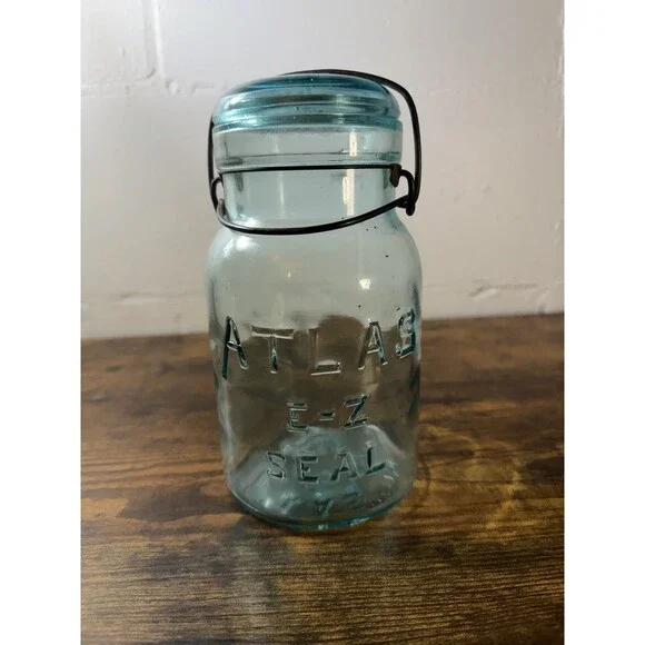 Antique Atlas E-Z Seal Aqua Blue Glass Canning Jar Wire Bail Glass Lid
