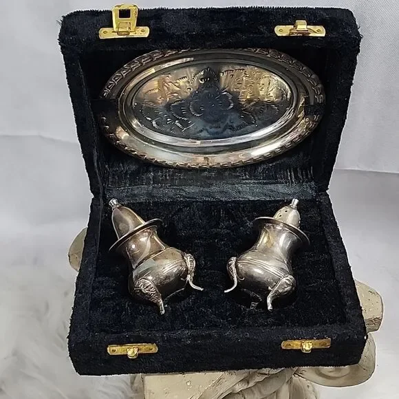 Vintage Silverplate Salt & Pepper with Tray and Crushed Velvet Case