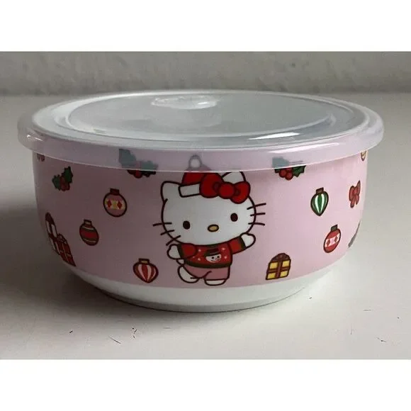 Hello Kitty Christmas Pressure Lid Ceramic Food‎ Storage Bowl Pink MEDIUM NEW