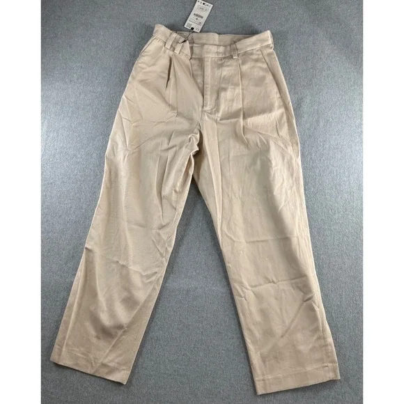 Zara Man Wide Leg Pleated Trousers Beige Tan Pants 6332/616/710 Mens 31 NWT