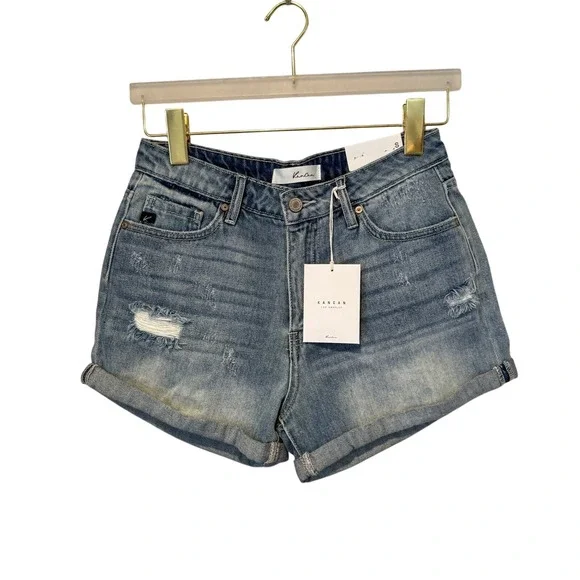 KanCan Womens High Rise Distressed Cuffed Denim Shorts Light Wash Blue Size S‎