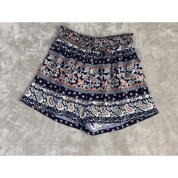 CUPSHE Women's Boho Floral Paisley Shorts NWT Navy Blue Elastic Waist Size S‎