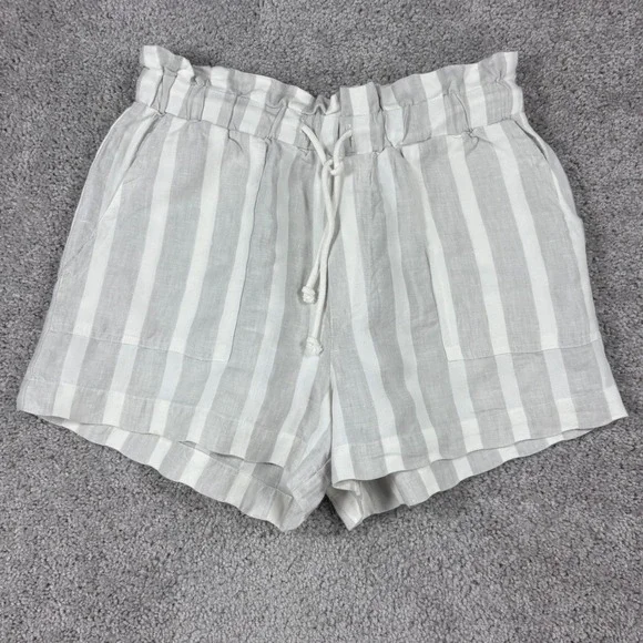 Hello Nite Linen Blend Striped Paperbag‎ Shorts Gray White Small High Rise 96Q76