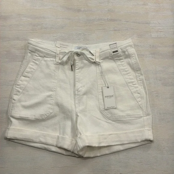 Judy Blue Denim Shorts Codi High Waist Large Drawstring Pockets White Womens NWT