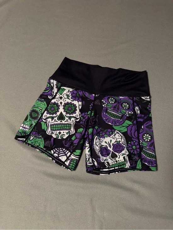 5in - Women’s Purple & Green Sugar Skull Athletic Shorts with Black Waistband