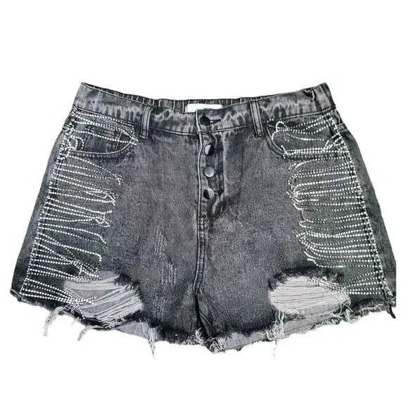 North End Black Denim Shorts Size Large Bling‎ Fringe Embellished Festival