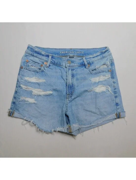 American Eagle Strigid Super High Waisted Distressed Denim Shorts Light Wash Siz