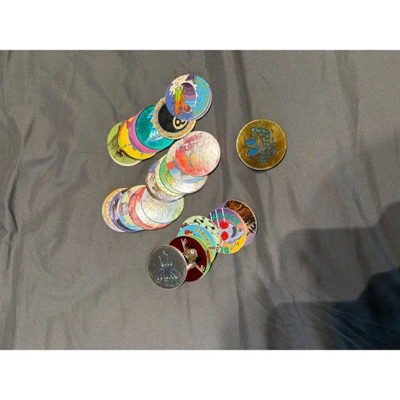 Vintage 90s Pogs Lot 35 Milk Caps and 1 Official Slammer Jammer Blue Retro Toy